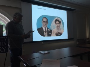 Paul Weinberg discussing a painted wedding portrait made from South African identity card photographs; May 21, 2015; photo by E. Lee Eltzroth 