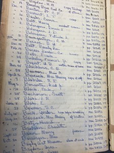 A page from Holsinger's ledger; columns for date, name, price, neg. number; photo by E. Lee Eltzroth