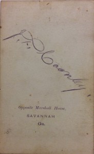 Reverse of carte-de-visite made by J. F. Coonley with an early Savannah back mark, ca. 1867-68; collection of 