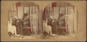 Stereograph, Angel and devil try to influence a friar, Philadelphia : From James Cremer's Stereoscopic Emporium, ca. 1900; Harper Stereograph Collection, Boston Public Library, Print Department