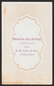 Reverse of albumen print, carte de visite by R. M. Lynn & Bro. [Unidentified woman in mourning dress at Lookout Mountain, Tennessee, ca. 1865]; LC-DIG-ppmsca-40618 digital image from Library of Congress Prints and Photographs Division, LOT 14043-2, no. 128 