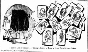 Cartoon by Henderson, with article "College Boys Pose; Motes Touches the Button and the Deed is Done; Emory's '97 Class in Town" Atlanta Constitution April 4, 1897 p.17 c.3